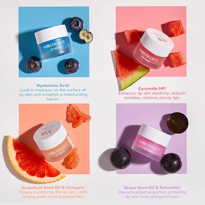 Lip Mask Set, 1 Lip Scrub +3 Overnight Lip Mask, Lip Glowy Balm and Scrub for Women, Exfoliating and Hydrating Dry, Chapped, Crack Lips, 4 Pack Lip Skincare Gift Set