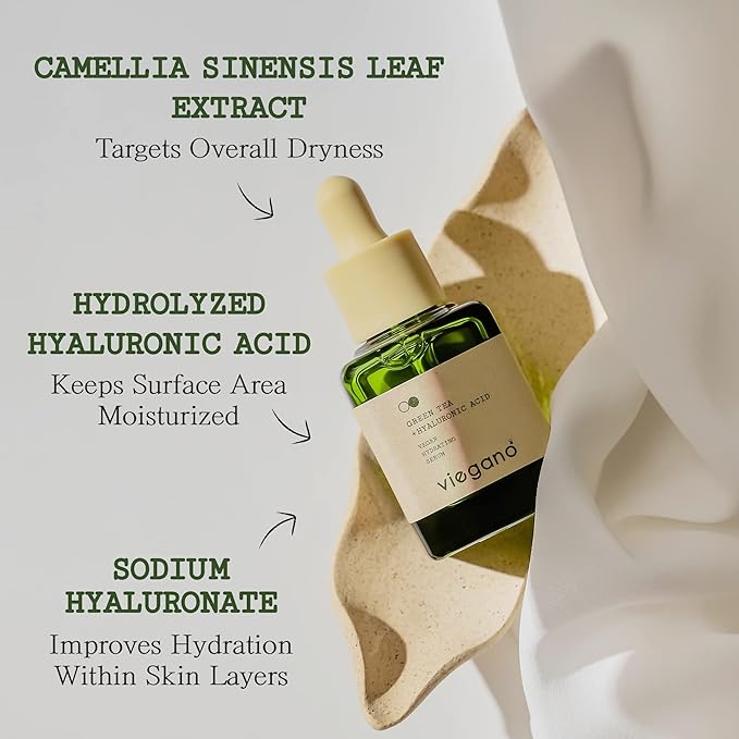 [ viegano ] Vegan Hydrating Serum for Dry & Sensitive Skin | Green Tea + Hyaluronic Acid | Hydrated Skin Appears Plumper & Firmer | 100% Vegan | 35 mL