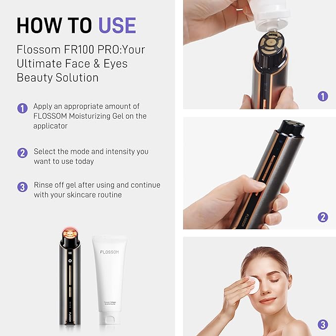 FLOSSOM FR100 PRO Facial Beauty Device with Moisturzing Gel - 3 in 1 Skin Firming, Smoothing and Absorption Boosting Professional Home Beauty Device