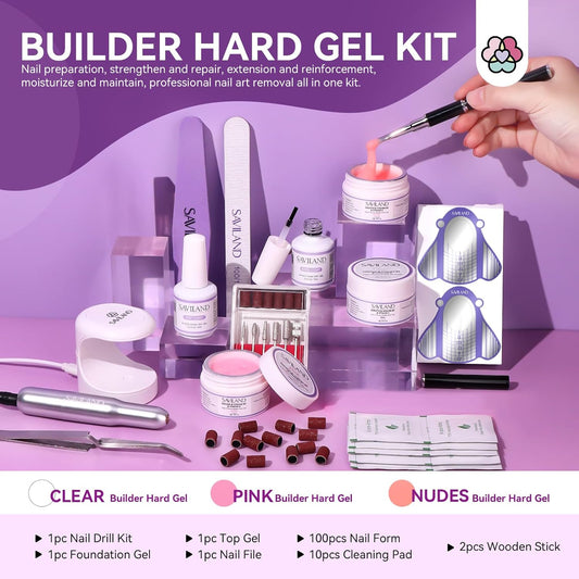 SAVILAND Builder Nail Gel Set with Nail Drill - 3 Pcs Hard Gels(VE&VB5&Kerain) Clear Pink Nudes Builder Nails Gel with Lamp Brush Nails Strengthener Gels for Extension Shaping DIY at Home Salon