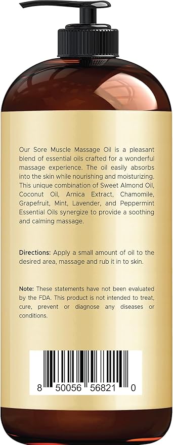 Handcraft Blends Sore Muscle Massage Oil 8 Fl Oz - Moisturizing Body Oil for Massage Therapy - Made with Arnica Extract, Chamomile, Lavender, Peppermint Oils