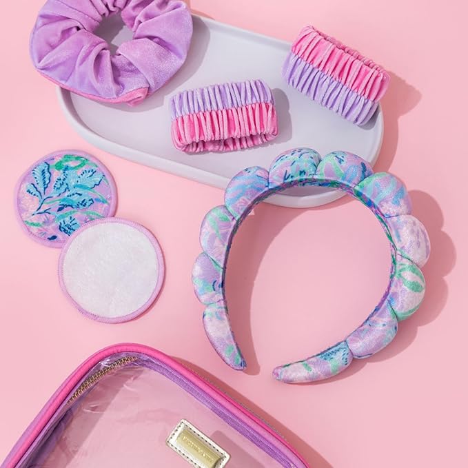 Lilly Pulitzer Self Care Kit, Spa Gift Set for Women with Spa Headband, 2 Face Wash Pads, 2 Wristbands, and Scrunchie, Secret Escape