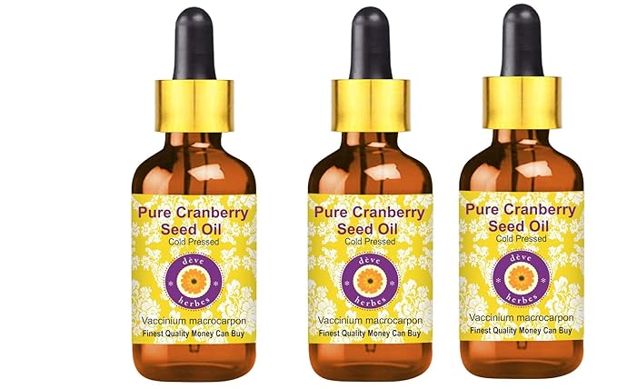 Deve Herbes Pure Cranberry Seed Oil (Vaccinium macrocarpon) with Glass Dropper Cold Pressed (Pack of Three) 100ml X 3 (10 oz)