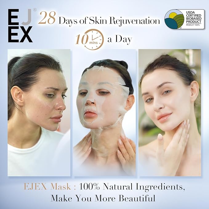 EJEX Face & Neck Mask Skincare, Hydrating Mask For Dry Skin, Bio-Based Facial Treatment For Sensitive Skin, Repairing Skin Barrier In 28 Days, Soothing, Firming, Glowing, 38gx5ea