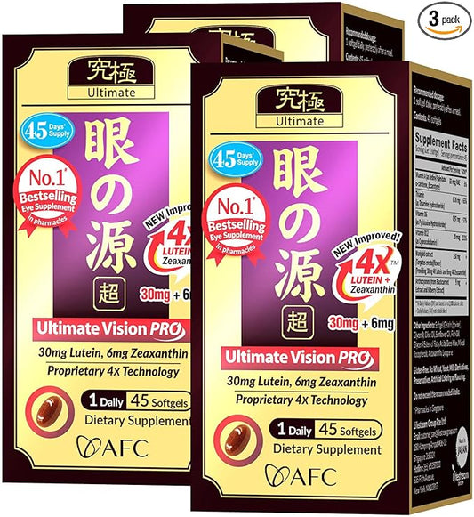 AFC Japan Ultimate Vision PRO – Improved, Up-Sized Formula - Support Vitamins for Eye Health with Lutein, Zeaxanthin 4X, Bilberry, Nutrients for Blurry Dry Eyes, Macular Health & Focus, 45 Softgelsx3
