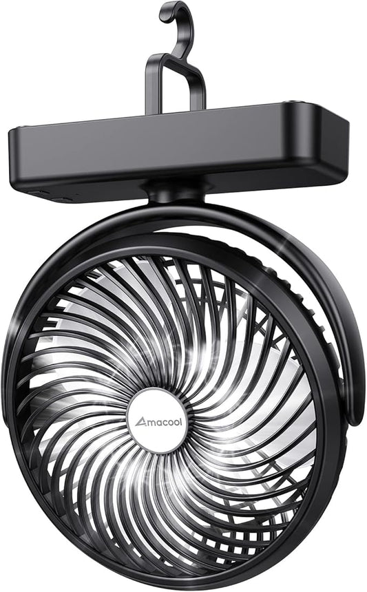 10000mAh Battery Operated Camping Fan with LED Light-7 inch USB Fan with Hanging Hook for Tent Car RV Hurricane Emergency Outage
