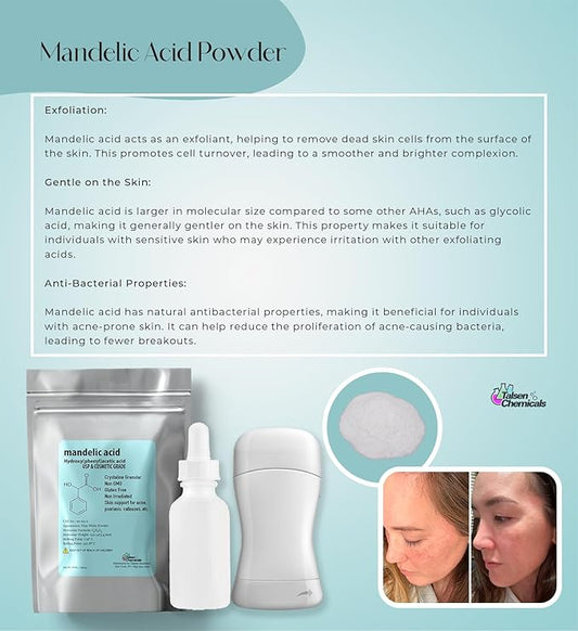 Mandelic Acid Powder 99.9% Purity, DIY Cosmetic Grade For Mandelic Acid Serum, Peel/Mask or add to Cream, Moisturizer (1 Ounce / 28 Gram)