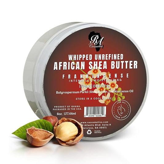 RA COSMETICS Whipped Shea Butter Frankincense - 6oz | 100% Pure & Natural African Shea Butter for Men & Women - Handcrafted Moisturizer with Essential Vitamins for Softer Lips, Healthier Skin & Hair