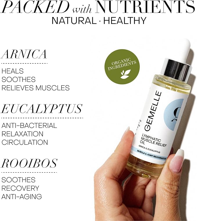 GEMELLE Lymphatic Muscle Relief Oil | 6X Award Winner | Natural Arnica Massage Oil, Sore Muscles, Back & Neck Pain Relief Oil, Lymphatic Drainage | Paraben-Free, Luxury Natural Skin Care | 30ml