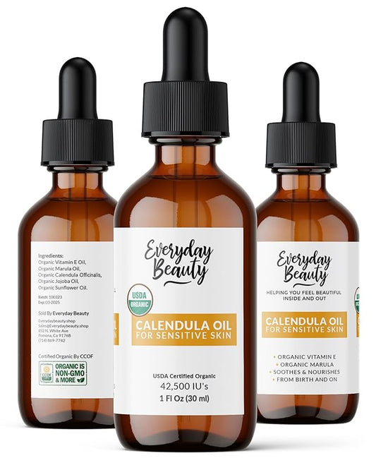 Organic Calendula Oil For Sensitive Skin - USDA Certified 100% Natural Plant Based, Lightweight & Unscented Gentle Soothing Oil For Sensitive Skin - For Face, Skin & All Over - 1 Fl Oz Glass & Dropper