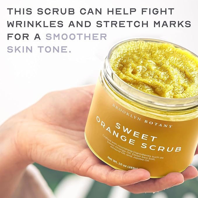 Brooklyn Botany Dead Sea Salt and Sweet Orange Body Scrub - Moisturizing and Exfoliating Body, Face, Hand, Foot Scrub - Fights Stretch Marks, Fine Lines, Wrinkles - Great Gifts for Women & Men - 10 oz