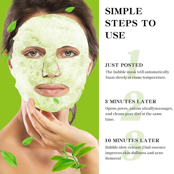 IREV 10 Pack Green Tea O2 Bubble Face Masks Sheet, Bubble Facial Mask, Foaming Face Mask, Purifying Facial Mask for Acne and Pores, Moisturizing Spa Face Masks Skincare, Brightening Beauty Masks