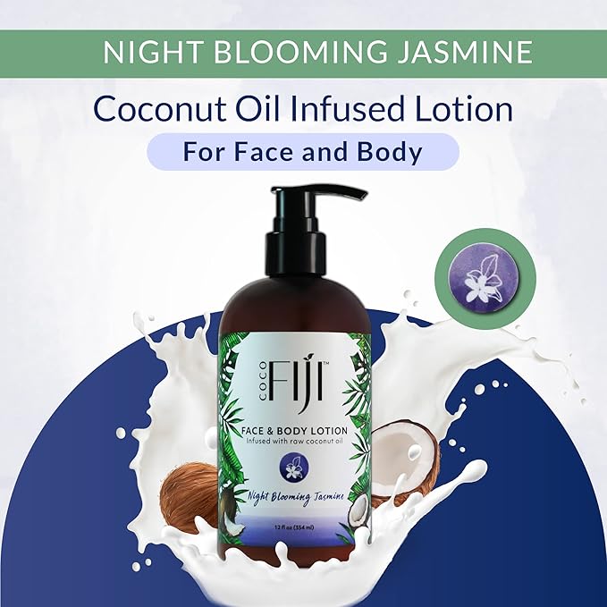 Coco Fiji Face & Body Lotion Infused With Coconut Oil | Lotion for Dry Skin | Moisturizer Face Cream & Massage Lotion for Women & Men | Night Blooming Jasmine 12 oz, Pack of 3