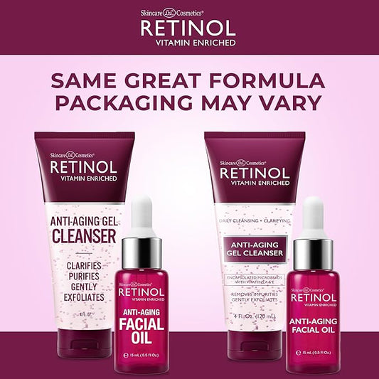 Retinol Anti-Aging Facial Oil – With Nine Essential Oils, Restores Hydration and Nourishment Anti-Aging Gel Cleanser - Gently Cleans Impurities From Pores & Exfoliates for Soft, Smooth Skin