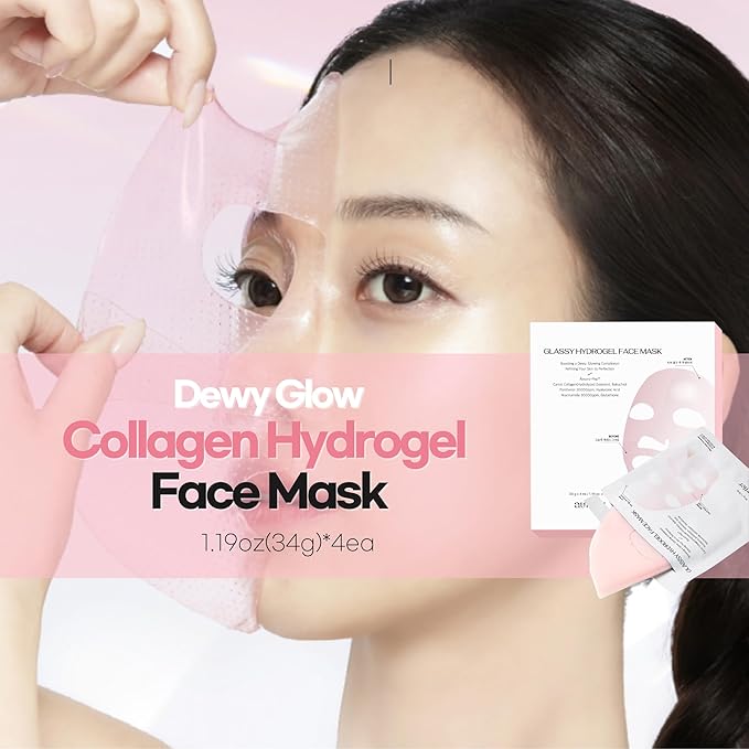 Glassy Hydrogel Face Mask, Deep Hydrating Overnight Hydrogel Mask for Dewy and Radiant Skin, Vegan Collagen, Preps Skin for Long-Lasting Makeup, Elasticity Improvement, 34g x4ea