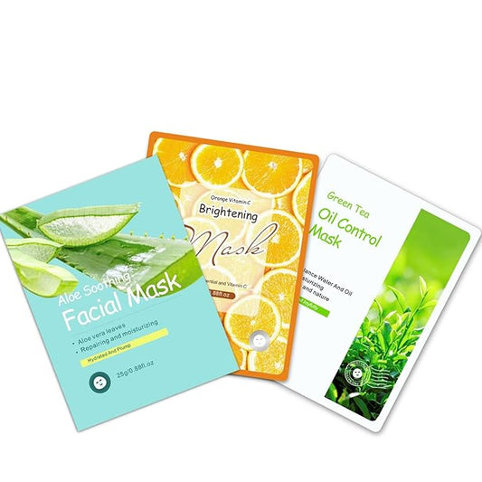 Face Sheet Mask | 3 Variants: Aloe Vera, Orange Vitamin C, Green Tea | Hydrating & Nourishing Skincare for Glowing Skin | Deep Moisture & Self-Care Beauty Sheets 12pcs