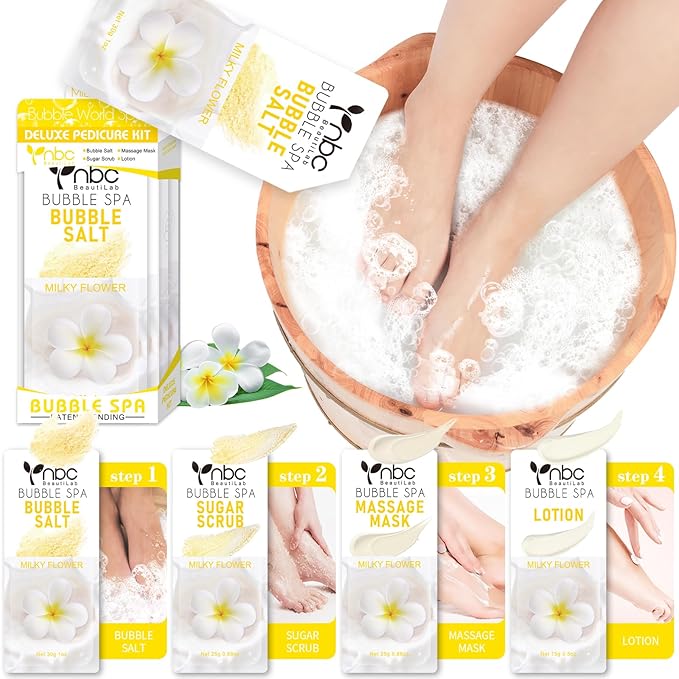 Pedicure Kit Foot Soak Set: Bubble Salt, Sugar Scrub, Massage Mask, Massage Lotion in a Box, 4 Step Foot Spa Kit for Dry Feet, Calluses and Tired Feet(1 Set Milky Flower)