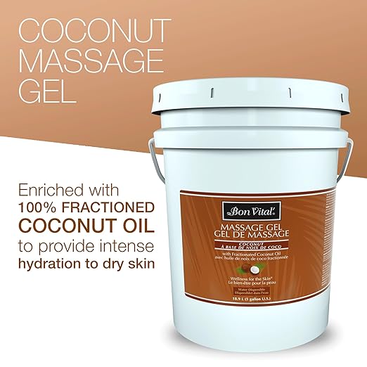 Bon Vital' Coconut Massage Gel with 100% Pure Fractionated Coconut Oil, Great for At-Home Use in Back Massages & Neck Massages, Moisturizes Skin Without Clogging Pores, 5 Gal, Label may Vary