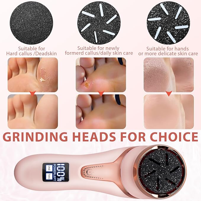 Electric Callus Remover for Feet (with Vacuum Cleaner), Rechargeable Foot Callus Remover Pedicure Tools Foot File, Professional Foot Care Kit Deadskin Remover with 3Heads&2Speed,LCD Display-Pink