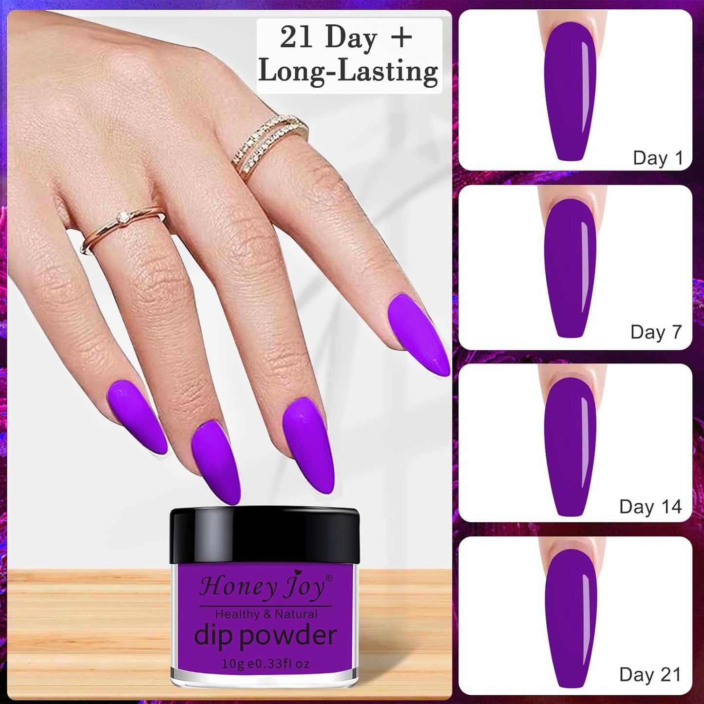 Honey Joy Dip Powder Nail Kit Starter, 4 Colors Glow in Dark Neon Dipping Powder Liquid Set for Halloween Xmas Club Black Light Fluorescent Birthday Masquerade Party Supplies, Dip-7pcs-No.19