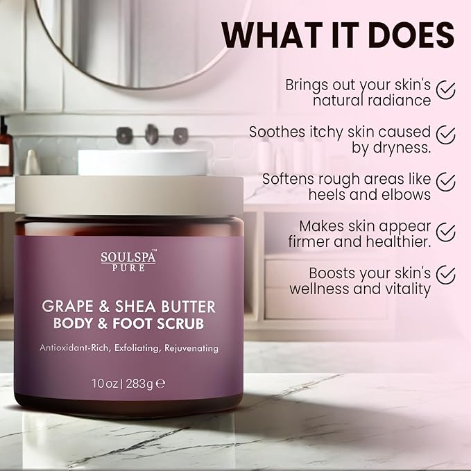 Grape & Shea Butter Body & Foot Scrub - Rejuvenating & Antioxidant Rich Exfoliating Body Scrub for Glowing Skin, 10 oz