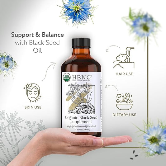 HBNO Organic Black Seed Oil 8 fl oz (240ml) Value Size - USDA Certified Organic Black Seed Oil Organic Cold Pressed - Black Cumin Seed Oil Organic