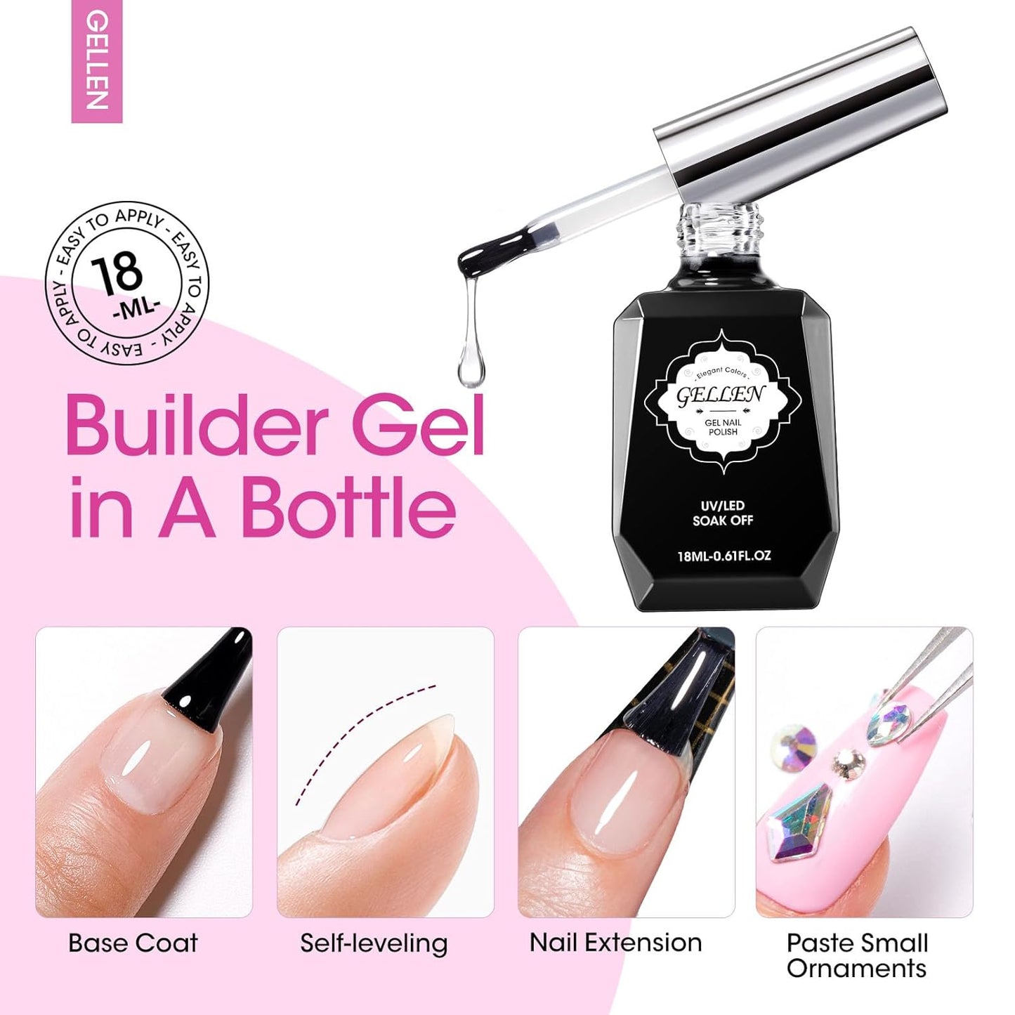 GELLEN Builder Nail Gel with Gel Top Coat Base Coat, 3 Pcs 18ml Top Coat Nail Polish Set, Soak Off Hard Builder in A Bottle for Nail Extension Strengthen Manicure Salon at Home