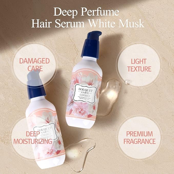 BOUQUET GARNI Deep Perfume Hair Serum White Musk Fragrance - Anti-Frizz Hair, Quick Absorption, Long-lasting (Containing Amino acids, Proteins, Hyaluronic Acids, Vegan Oils) - 3.4 oz