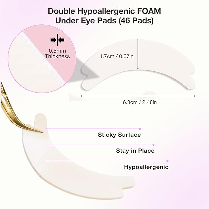 Curacoro Double Foam Eye Pads For Lash Extension, Hypoallergenic Eye Pads Lash Extension Supplies for Oily Skin & Sensitive Eyes, Soft Sticky Pads for Lash Perm Lamination, Lash Remover (46 Pads)