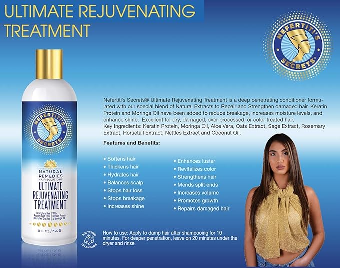 Nefertiti's Secrets Rejuvenating Treatment for Women and Men, Moringa Oil & Keratin Protein Energizing Conditioner, For Dry & Damaged Hair, Natural Moisturizer, Hair Therapy, 8 Oz / 236 mL