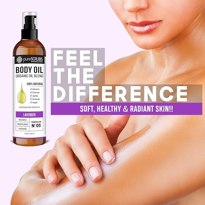 pureSCRUBS Ultra Moisturizing Lavender Body Oil Spray for Dry Skin, Massage, Cuticles & More, Organic Blend of Jojoba, Argan, Coconut, Sweet Almond & Avocado Oils Enriched with Vitamin E, Lg 4oz