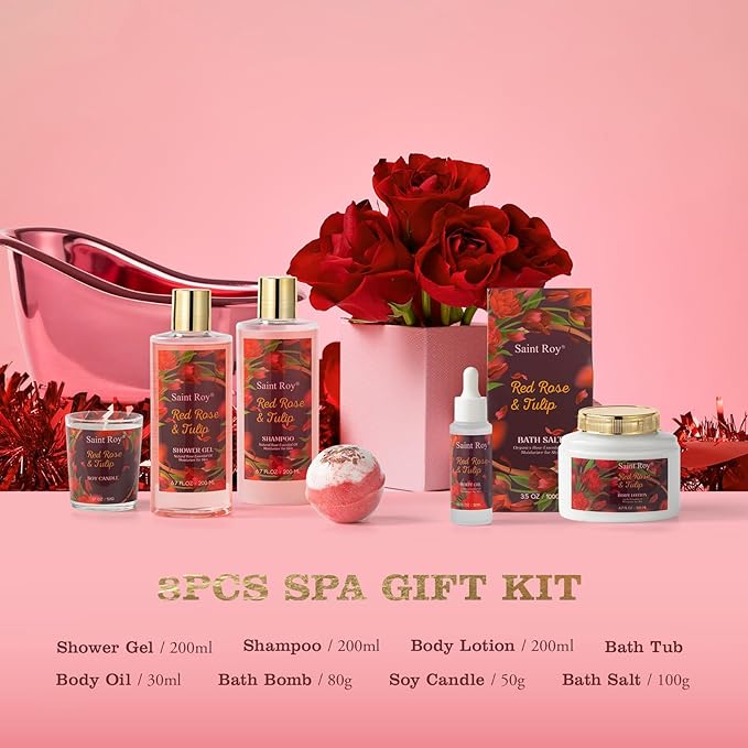 spa kit Gifts for Her Mother's Day Bath Spa Gift Set Red Rose & Tulip Spa Basket Kits for Women, Contains Body Oil, Body Lotion, Salt, self care baskets for women gift Mother's Day Gift for Mom
