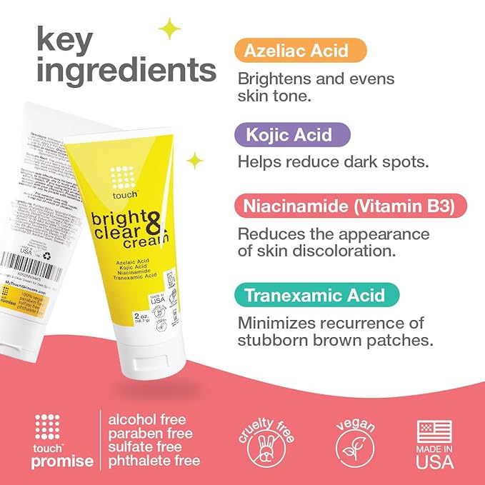 TOUCH Skin Bright Cream for Dark Spots on Face - Azelaic Acid with Kojic Acid, Tranexamic Acid, & Niacinamide – Age Spot, Sun Spot, and Melasma