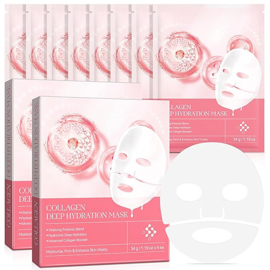 Collagen Face Mask, Hydrating Overnight Hydrogel Mask, Elasticity Improvement, Firming, Moisturizing-8 Pack