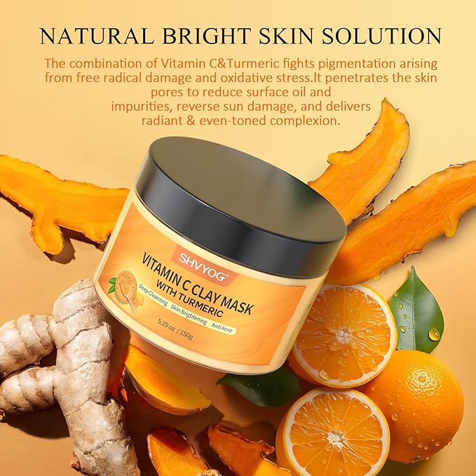Vitamin C Face Mask with Kaolin Clay and Turmeric for Dark Spots, Dull Skin, Skincare Facial Mask for Controlling Oil and Refining Pores 5.29 Oz