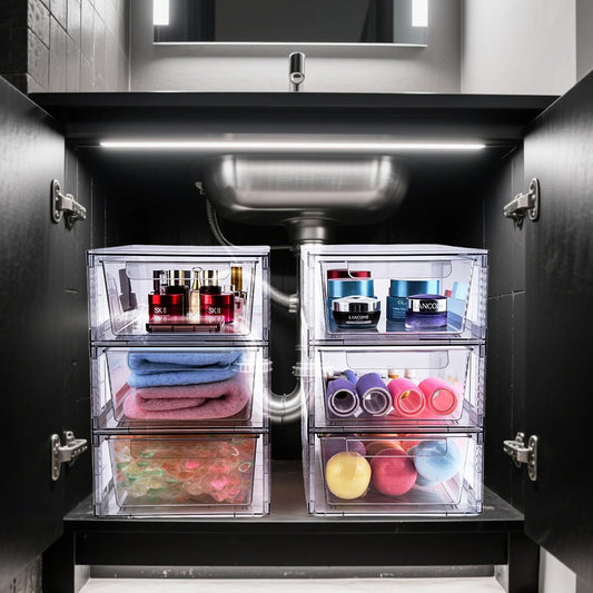 4 Pack Clear Stackable Storage Drawers, 3.95" H Easily Assemble Acrylic Organizer Bins - Multi-Use for Make up, Closet, Pantry, Bathroom, Medicine, Kitchen Cabinet & Undersink Organization