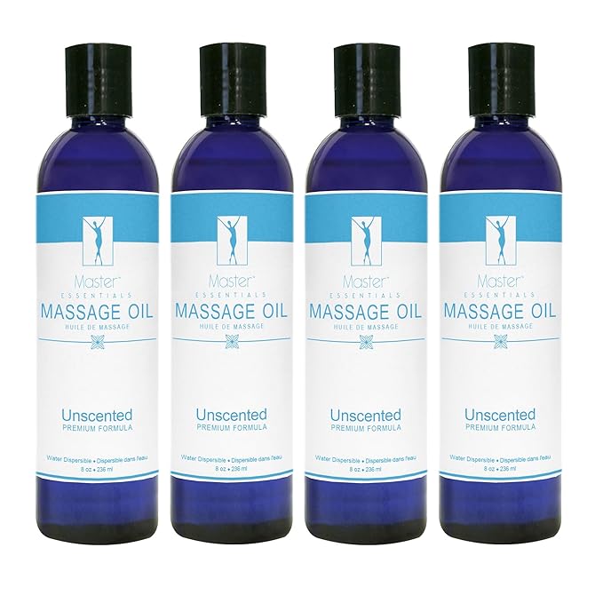 Master Massage Unscented Organic Massage Oil - 8 fl oz, Water-Soluble Blend, Skin-Nourishing Formula, Perfect for Massage Therapy and Home Use, Pack of 4