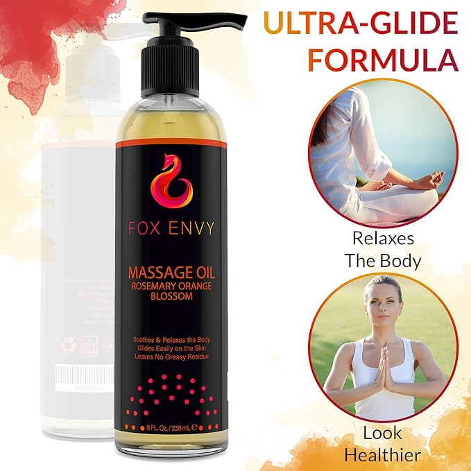 Massage Oil for Couples, Women & Men (1 Bottle, 8 fl oz) - Fox Envy Orange Blossom with Rosemary Scented Sensual Oil with Coconut Oil & Jojoba Oil - Enhances Stimulation for The Body & Muscles