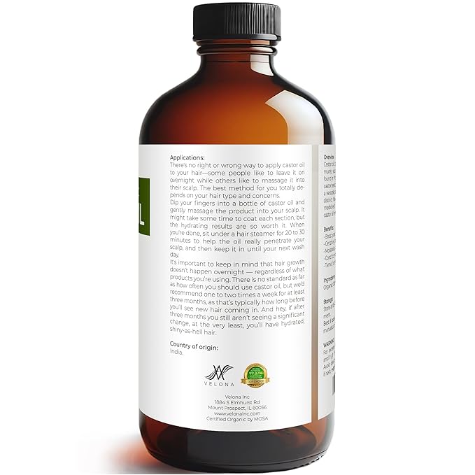 velona USDA Certified Organic Castor Oil – 16 fl oz | Cold-Pressed, Hexane-Free, USP Grade | Promotes Hair Growth, Eyelash & Eyebrow Enhancement | Skin & Scalp Moisturizer | Bottled in USA
