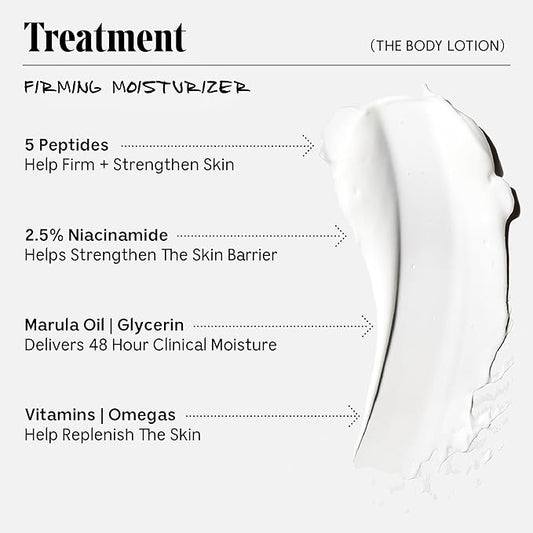 Nécessaire The Body Lotion Fragrance-Free. Firming Body Lotion for Women & Men. 48 Hour Moisture. 5 Peptides, 2.5% Niacinamide, Vitamin C/E + Omega 6/9. Non-Comedogenic. 6.8 fl oz.