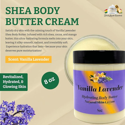 Ultra-Soft Shea Body Butter, Dry Skin Cream for Radiant Moisturized Skin, Natural Hydrating Body Lotion with Aloe Vera, Argan Oil, Rosehip Oil, (Vanilla Lavender, 8oz)
