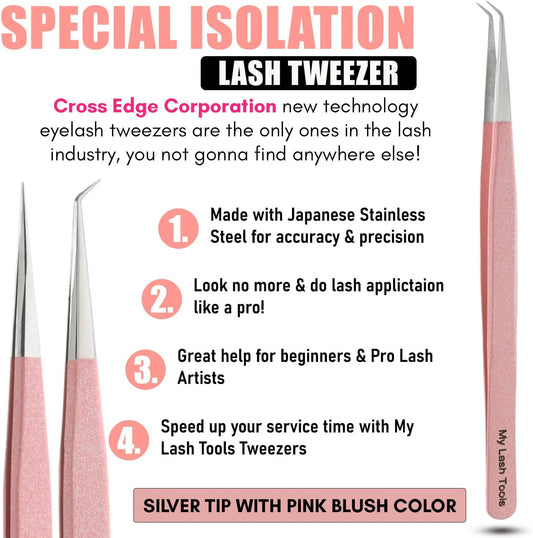 2pcs Straight & Curved Isolation Tweezers for Eyelash Extensions – 14cm Japanese Stainless Steel, Blush Pink, Best for Individual & Classic Lashes