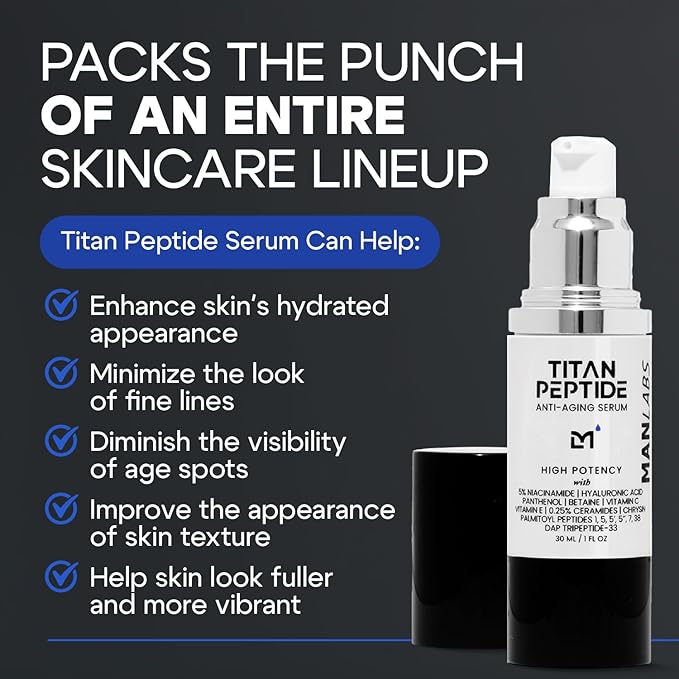 Titan High Potency Anti Aging Peptide Serum for Face - Men's Gentle Multi Peptide Moisturizer with Hyaluronic Acid, 5% Niacinamide, Vitamin C, Vitamin E, and Ceramides - Unscented, 1 Fl Oz