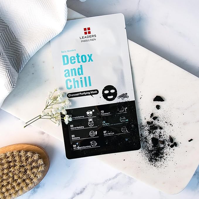 Leaders Insolution Daily Wonders Detox and Chill Facial Mask Sheet Activated Charcoal Purifying Pore Minimizing Exfoliating Dead Skin Korean Skincare (10 Sheets)