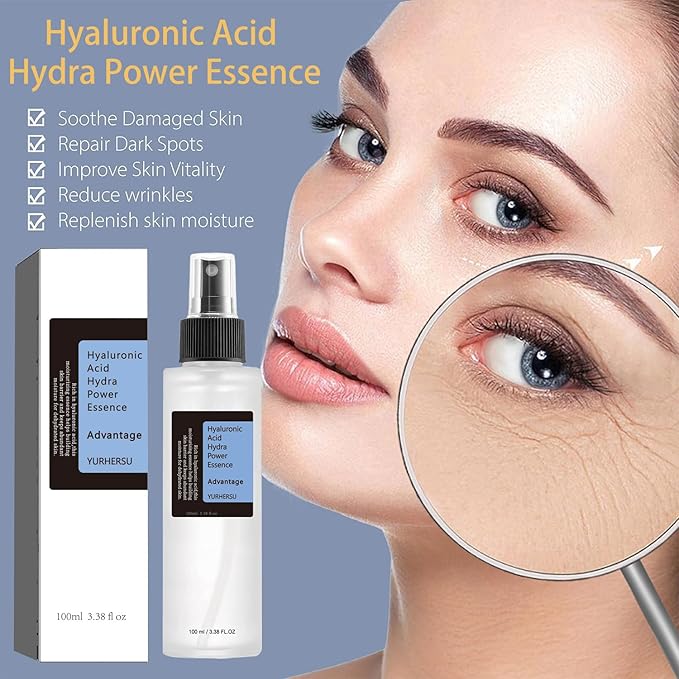 Hyaluronic Acid Face Essence Spray, Fast Absorption Replenish Water Shrink Pore, Moisturizing Soften Skin Texture, Reduce Wrinkle Improving Skin Vitality; 100ml/3.38 fl.oz (Hyaluronic Acid)