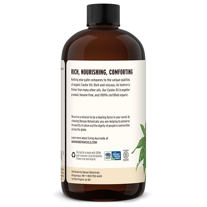 Banyan Botanicals Organic Castor Oil – Pure and Refined Castor Oil – for Face and Skin Care, Hair Care, and Natural Beauty – 24 oz – Non GMO, Hexane Free, Vegan, and Cruelty Free