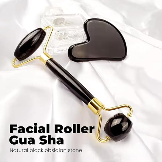 ROSELYNBOUTIQUE Gua Sha Facial Tools & Face Roller for Wrinkless Natural Skincare Tool Jade Roller Guasha Tool for Face Facial Massager (Black Obsidian)