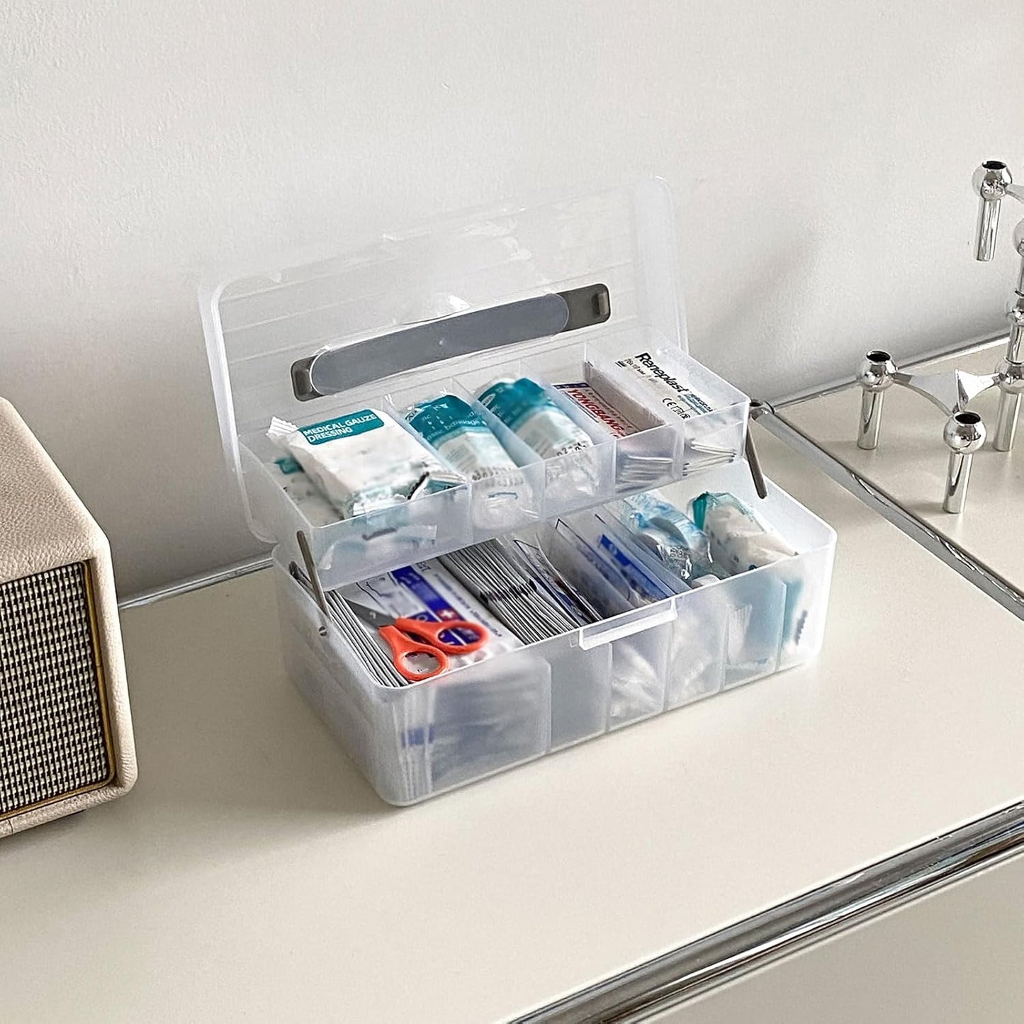 Bandage Organizer with Lid and Handle, Plastic Bandaid Storage Container for Home Medicine Cabinet, First-Aid Holder for Strip, Medical Elastic Wrap, Alcohol Swab Sorter Box, 2 Pack