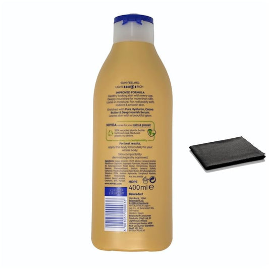 NIVEA Cocoa Butter Body Lotion, 48H Deep Moisture Care with Natural Cocoa Butter, Intensely Hydrates Dry Skin, Softens and Smoothens, 400ml Bottle, Includes Cleaning Cloth