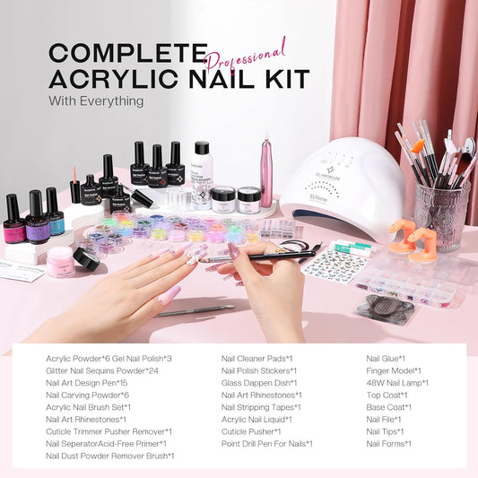 Acrylic Nail Kit with Everything: Professional Nail Kit Set for Beginners 48W Nail Lamp Complete Nail Supplies Salon